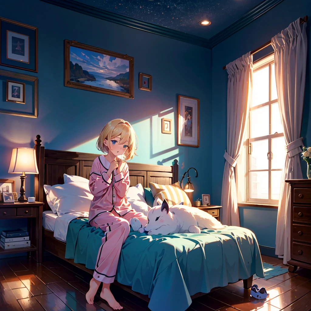 {{{Masterpiece, highest quality, high resolution background}}}, bright and beautiful atmosphere, 3 girls (, 1 short-tempered round face), 1 person (hair, surface effects), small breasts, sitting in bed Girl, cute room, cute pajamas, girl rubbing her eyes, "deltamon_sdXL :0.73) >Deltamon"