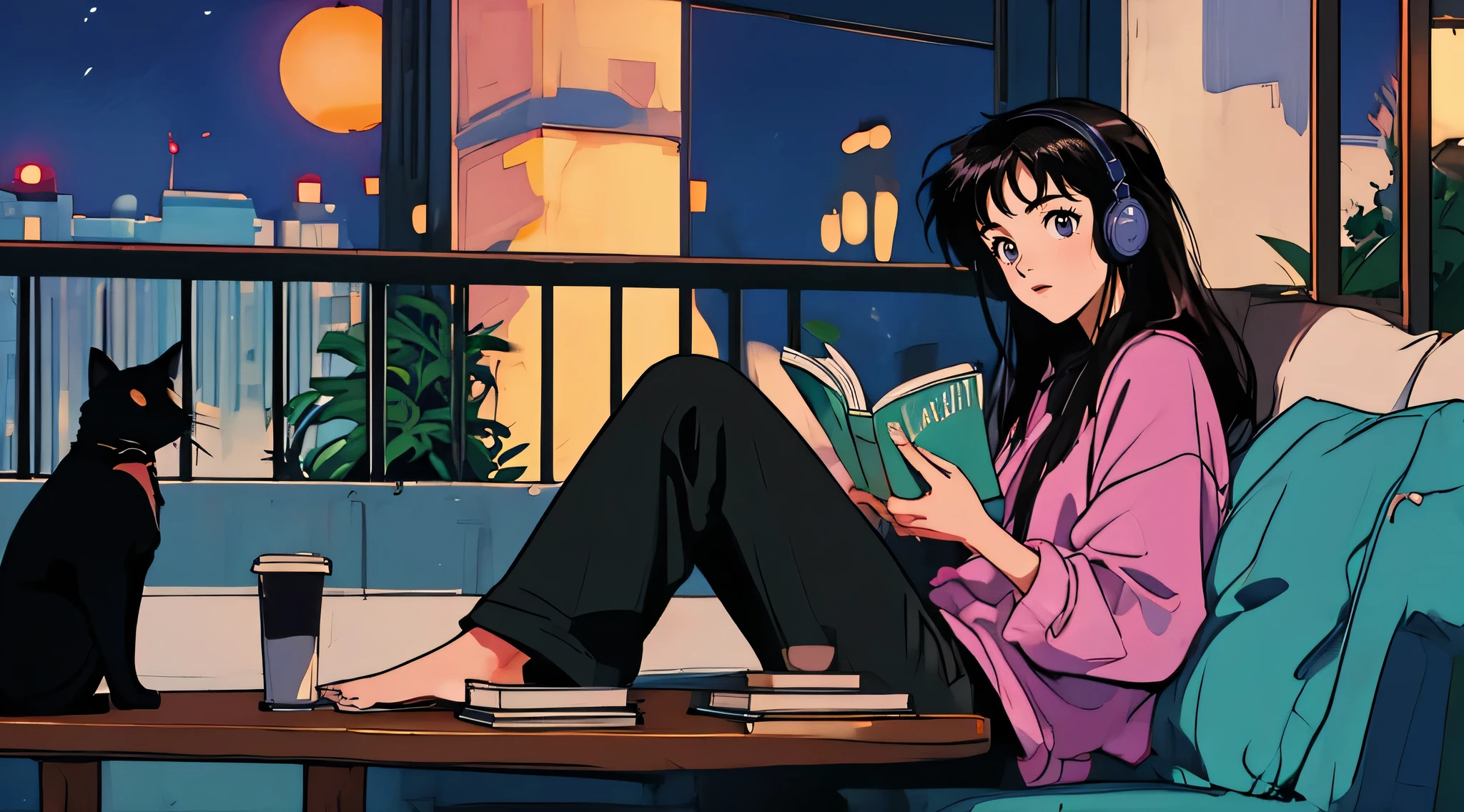 Highest quality, 8k, 1990s style, Hairstyles of the 2010s, 21 year old girl, Black Hair, Long Hair, Light brown eyes, City Pop, pants ,Night view, Wearing headphones, Reading a book, whole body, Relax, Coffee, table, look at me, 1 black cat
