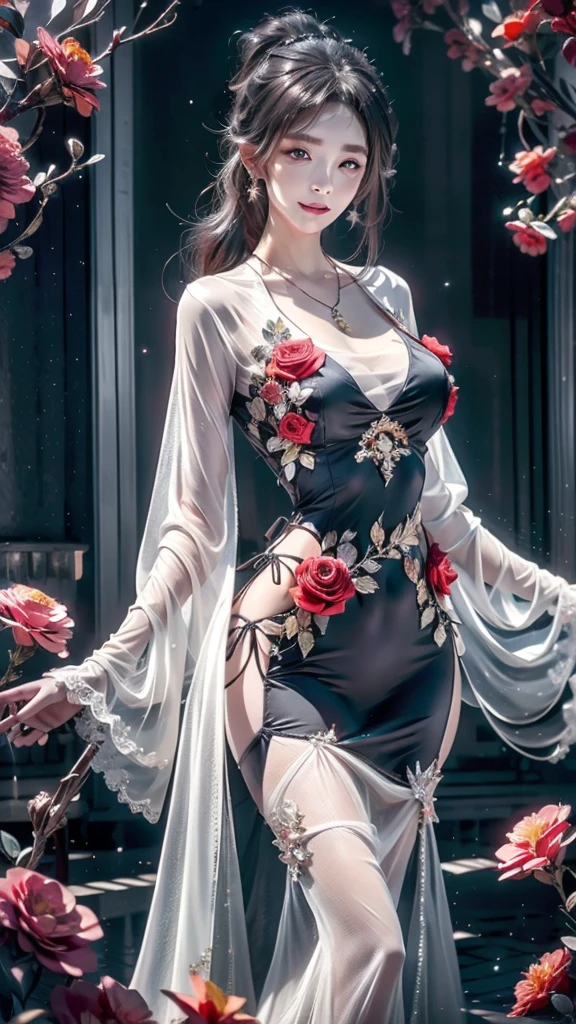 Garden covered with red roses in the background, Silver hair, front ponytail, eyes reflection, red contact lenses, Pink eyes,Heterochromia， Wear earrings, Blue crystal pendant，Evil smile, shairband，High detail, romanticism lain, Depth of field, Sparkle, Ray tracing, viewfinder, zoom layer, Close-up, Bokeh, Anatomically correct, High details, 1080p, Ultra HD
Woman，High ponytail，a sailor suit,Half out of the water，Get wet，Clothing water pattern detail，The expression is solemn，holding knives，Shiny blade detail depiction，reflective light，
Gorgeous and delicate glowing little butterfly hair ornament，brilliant colorful，Fine engraving，Shine brightly，The attention to detail，The jewelry is of high quality，Extremely high image quality