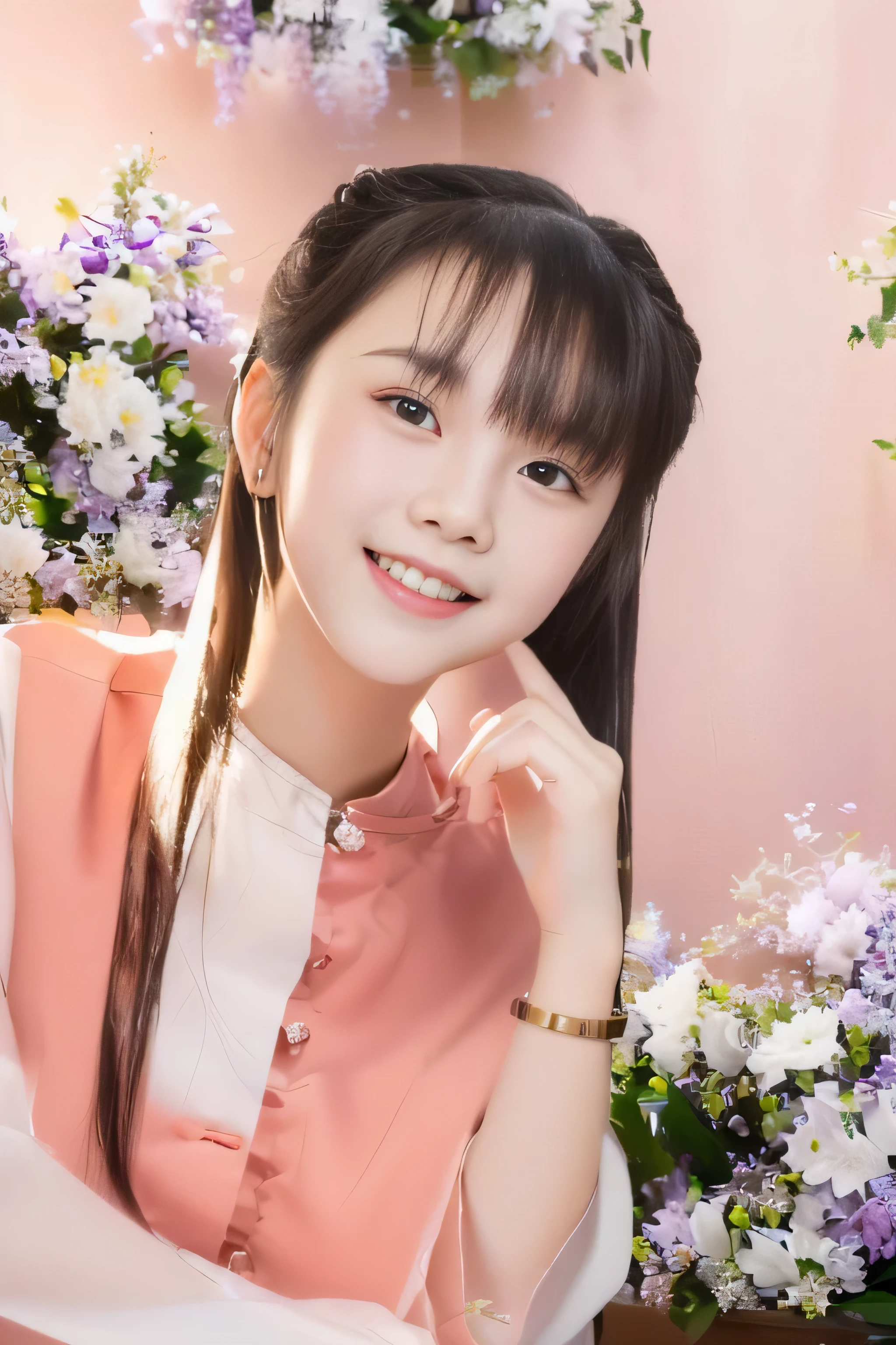 (8K, Raw photo, Best Quality, masutepiece:1.2), high-definition RAW color photography, professional photograpy, (Realistic, photo Realistic:1.37), ((Best Quality)), (finerly detailed face:1.2), (masutepiece:1.5), (Best Quality:1.2),there is a young girl posing for a picture in front of a flowery background, young asian girl, cute young girl, dang my linh, mai anh tran, in style of lam manh, young cute wan asian face, chinese girl, ruan cute vtuber, young and cute girl, with a beautifull smile, hoang long ly