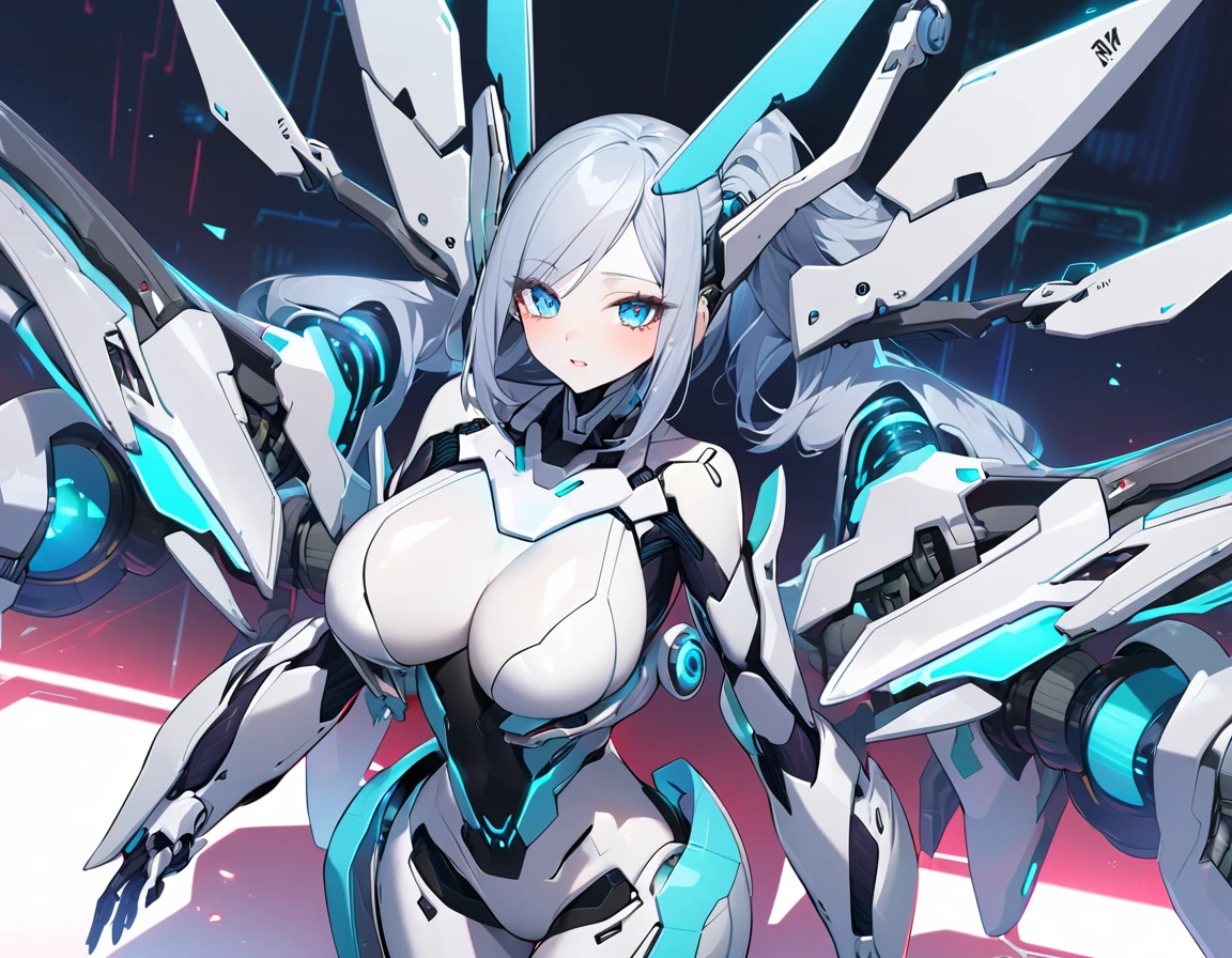 (magazine cover:1.3),ulzzang-6500, (cartoonish:1.3) (original:1.2), masterpiece, best quality,cover,1girl, (blush, nsfw:1.2), beautiful clean face, fullbody, ((robot girl, mecha)), broken armor, mechanical halo, mechanical arms, white hair, long hair, ceramic body, thigh gap, small breast, cyber background, extreme detailed city, (translucent body, reflection skin), 8k, best quality, ultra detailed, (hyperrealistic:1.4),