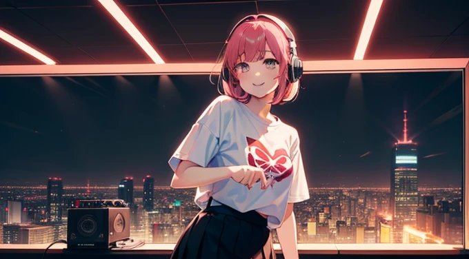 Red LED Female Illustration Profile,white t-shirts,Hairstyle Short Bob,Pink hair,Wear overhead headphones, A smile、front-facing view, Background of Japan in Tokyo, natta,night scene,Provector, high detailing, Vibrant, Japan hologram symbol, Barcode Design, 4K, masterpiece, play DJ, neon back ground, wear skirt, sexy