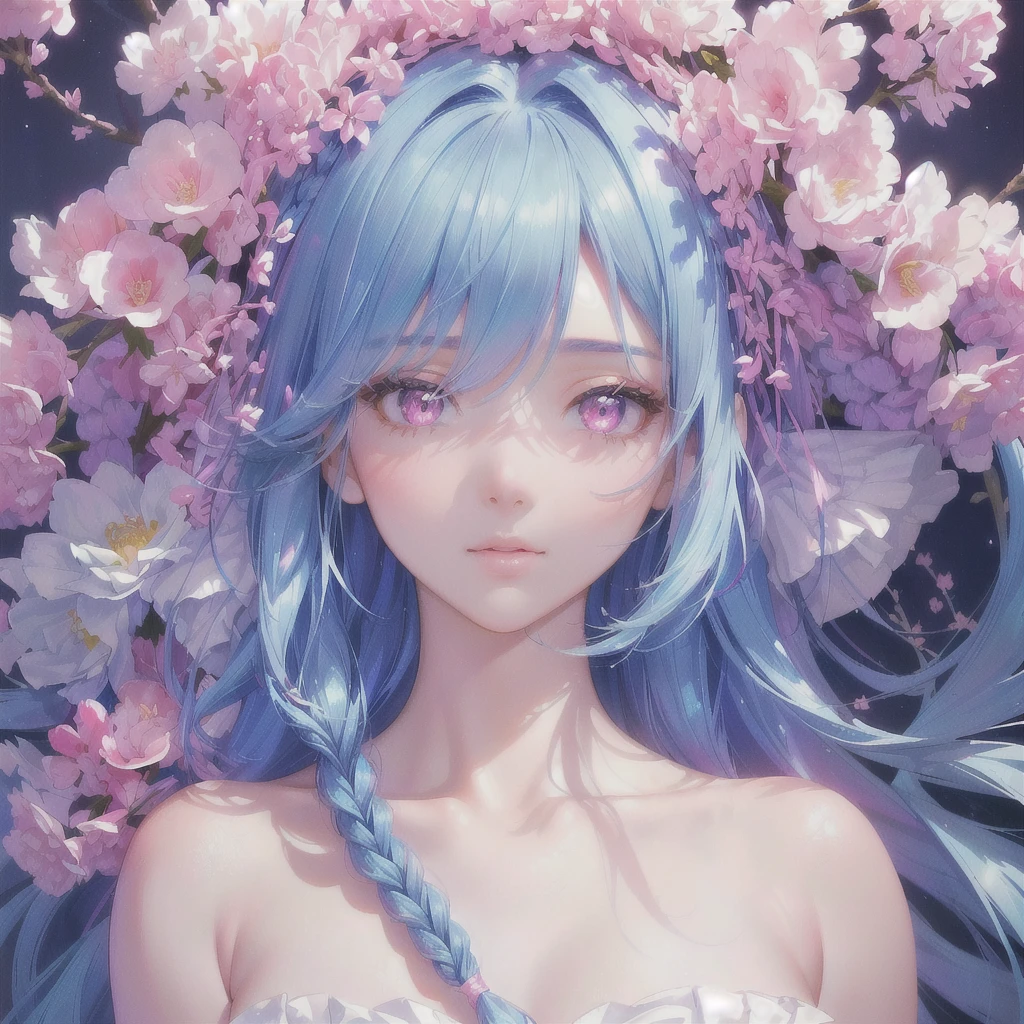 Sky Blue Medium Hair, (Braided Hair),(Pink Eyes),Fair skin ,(whole body),(1 girl)、Straight bangs,(masterpiece, Highest quality, Very detailed, Best Shadow), (Detailed Background), (Beautifully detailed face), High Contrast, (Best lighting, Very delicate and beautiful), ((Cinematic Light)), colorful, Hyper Detail, Dramatic Light, Intricate details,