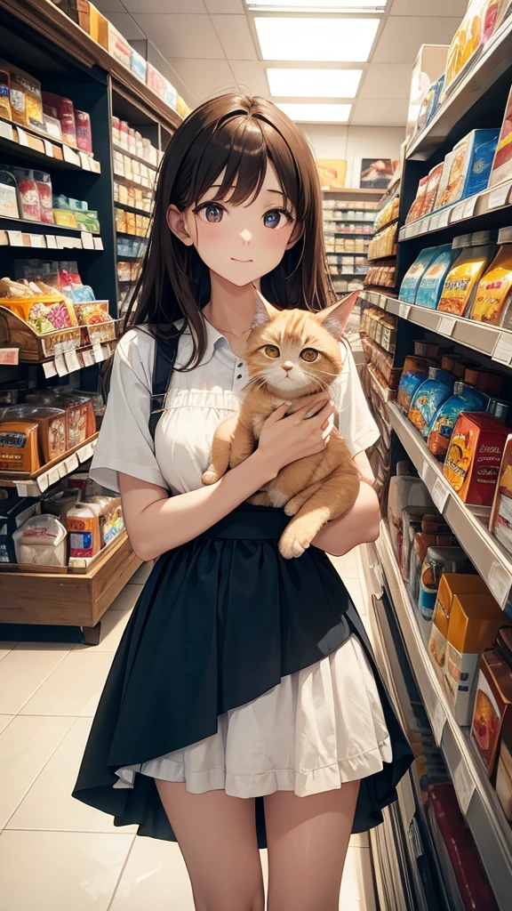 best quality, masterpiece, In the convenience store, the young lady, with her brown hair and blue dress, bends down to pick up a small tub of vanilla ice cream. The orange tabby kitten in her arms looks ecstatic, reaching out towards the ice cream. The black cat sits elegantly next to her, eyeing the shelves, high quality, volumetric lighting, candid, Photograph, high resolution,