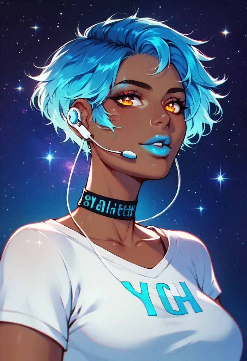 ((A cartoon image of a woman with very short hair made of galaxy and cosmos, allowing you to see stars and nebulae in its threads. She wears an elegant choker that highlights her neck.. Your eyes are amber blue, giving a mystical and deep look. She has cyan lips that contrast with her dark skin.. She wears a simple t-shirt. The image is a close-up of his face, clearly showing the details of your appearance. She is also wearing earplugs. The art is detailed and showcases the cosmic beauty of your hair, that seems to contain the entire universe.))
