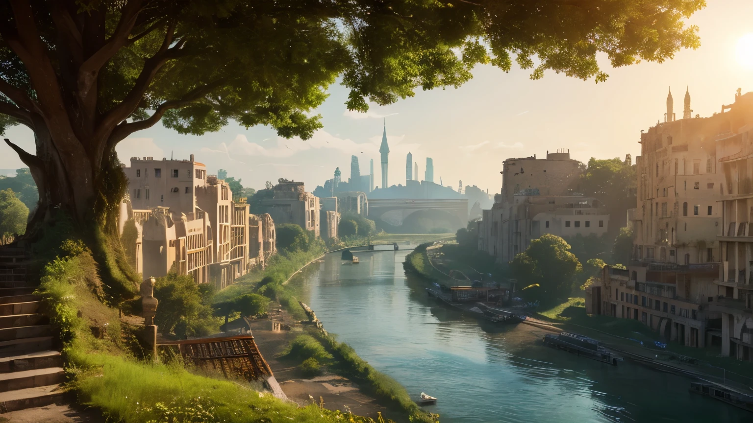 A ruined city with remnants of a once flourishing city、Being invaded by nature、The river flows、One girl is standing、Fantasy、Warm lighting、high resolution、Sun light、Cinema Lighting、Realistic、8k、