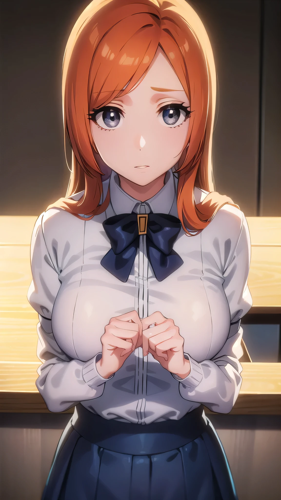 BREAK looking at viewer, BREAK (masterpiece:1.2), best quality, high resolution, unity 8k wallpaper, (illustration:0.8), (beautiful detailed eyes:1.6), extremely detailed face, perfect lighting, extremely detailed CG, (perfect hands, perfect anatomy),school,desk,windows,tables,inoue orihime, long hair, orange hair, (grey eyes:1.5),skirt, bow,white blouse,unbuttoned blouse,open blouse,black bra,lace bra,cleavege,neckline, long sleeves, puffy sleeves, skirt, blue skirt, long skirt, from above,upper body,showing breasts.