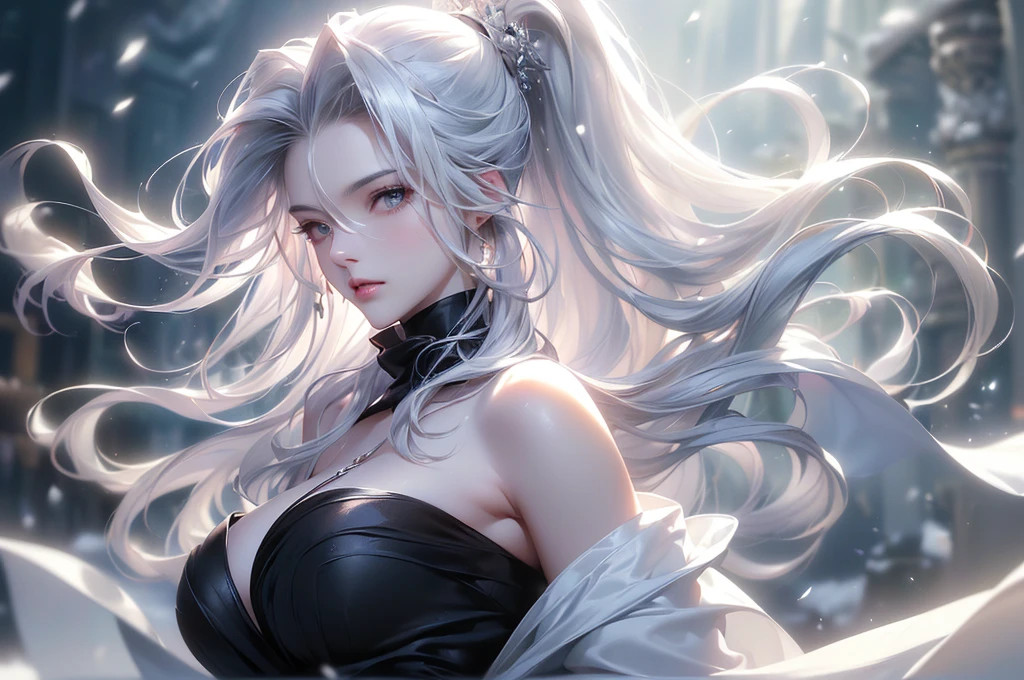 ((Picture from the waist up:1.5、Zoom out))((masterpiece:1.5、8k、Tabletop、フォトリアリスティックでVery detailedなCG、Very detailed、Particle Effects、Dynamic Effects、Shallow depth of field、Cinematic Light、Lens flare、Ray Tracing、Tabletop、Realistic:1.4、Ultra-high resolution:1.2、Realistic、Realistic))((alone、,A woman wearing a black cashmere coat over a halter neck dress:1.4、Elegant woman posing、Detailed face、bright表情、young, bright, Whiter skin、Medium chest、Beautiful cleavage、Best Looks、Asian、Ultimate beauty、bright and shiny hair,、Super long, Silky straight hair、Hair dancing in the wind))(morning、The setting is a snow-covered temple、Crystal of snow)((shiny white hair))