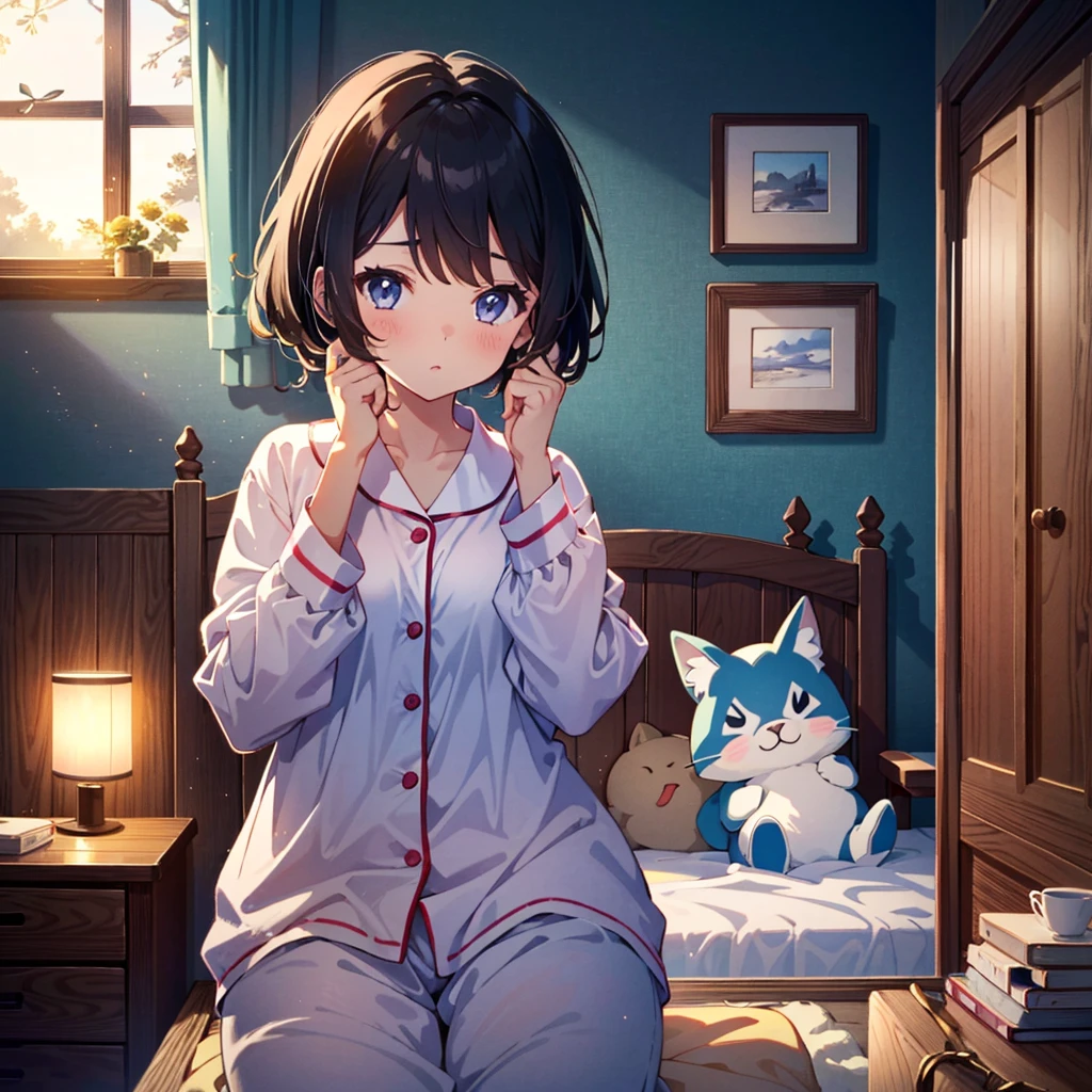 {{{Masterpiece, highest quality, high resolution background}}}, bright and beautiful atmosphere, 3 girls (2 years old, 1 short-tempered round face), 1 person (hair, surface effects), small breasts, sitting in bed Girl, cute room, cute pajamas, girl rubbing her eyes, "deltamon_sdXL :0.73) >Deltamon"