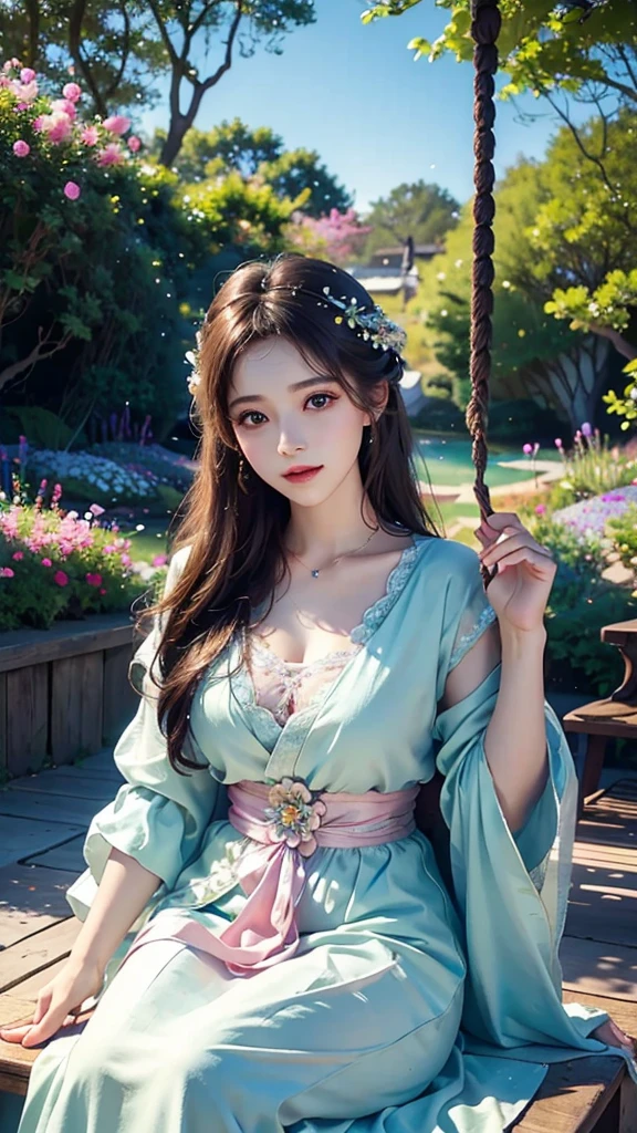 beautiful detailed eyes, beautiful detailed lips, elegant dress, sitting on a swing, surrounded by blooming flowers, soft sunlight, pastel colors, dreamy atmosphere, traditional art style, realistic rendering, gentle brushstrokes, vibrant color palette, flowing movement, serene expression, fantasy elements, fairytale-like scenery, tranquil garden, peaceful ambiance, ethereal beauty, graceful posture, delicate details, whimsical touch, magical atmosphere