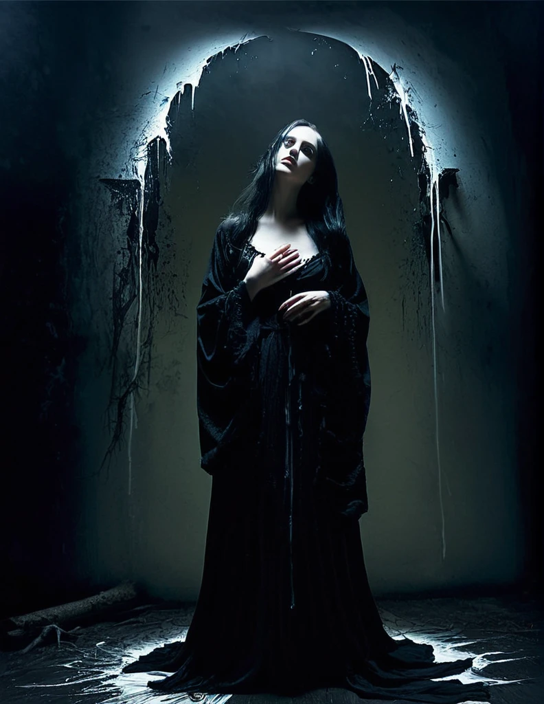 ,best quality, ultra-detailed, realistic, portraits, dark and eerie atmosphere, glowing , ethereal presence, hauntingly beautiful, ghostly women figures, swirling mists, supernatural entities, demonic essence, shadowy forms, eerie whispers, sinister aura, hauntingly pale skin, dark and twisted branches, macabre elements, mysterious and enigmatic, spectral apparitions, gothic art style, hauntingly captivating, spectral realm, hauntingly melancholic, otherworldly beauty, ethereal glow, hauntingly haunting, chilling and atmospheric, eerie and ominous lighting, Women wearing black robe , standing in room, horror scene , creepy look , dark atmosphere , Mysterious atmosphere , messy room, dappled light , blood stains , white dress , broken dirty dress , dark background , old , renesanses ,