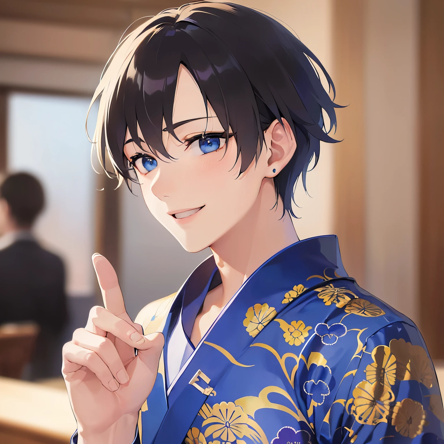 side angle, (looking away:1.5), upper body、He is pointing his palm at me、
masterpiece、Highest quality、
(25-year-old male:1.5) and(Black short hair) and (blue eyes),
yukata,(smile:1.5),open mouth,The background is the banquet hall,(alone:1.5)
