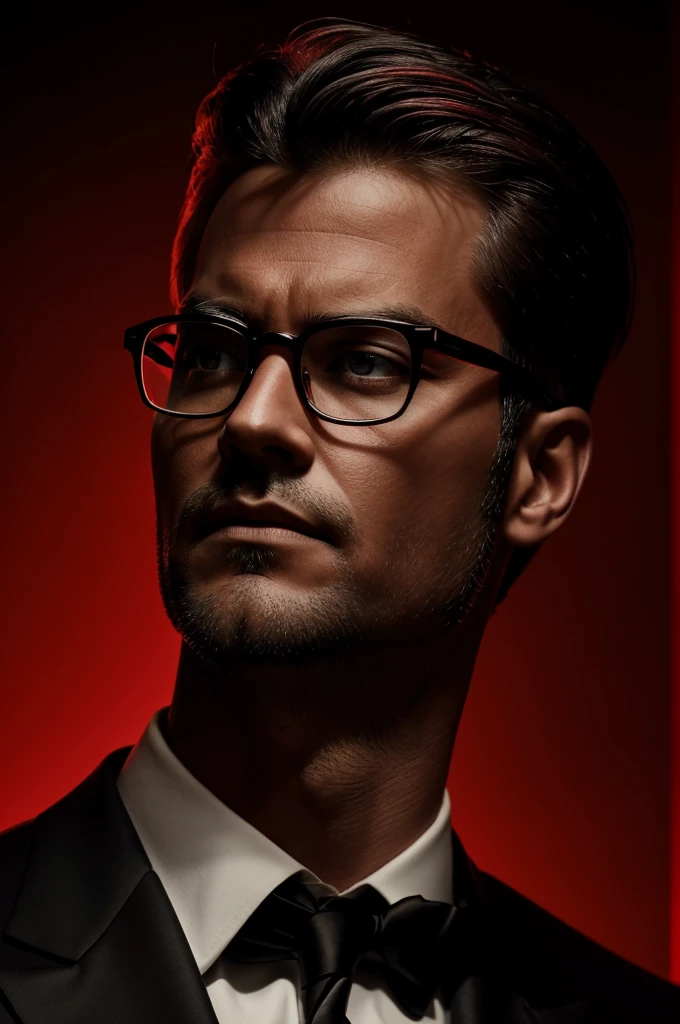 **"A refined man with glasses against a dramatic black and dark red backdrop, illuminated by a sharp red light from the side. This image captures a blend of sophistication and intensity, perfect for conveying a powerful and professional image."**