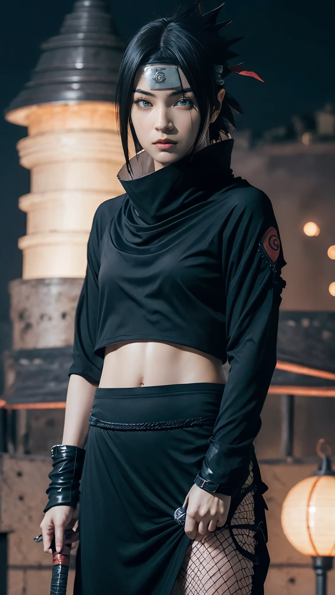 Moisturized skin, (red eyes), perfect body, adult female body, mature, cold expression,
BREAK,
(beautiful navel), (kunoichi), (ninja), sexy, (kunai), (leather), fishnet, (fishnet stockings: 1.2), (black clothes), bright red lipstick, (ninja clothes: 1.4),
BREAK,
(highly detailed hair: 1.2), spiky black hair, ((wearing a bowl-shaped ornament on the forehead)),
BREAK,
((masterpiece + highest quality + high resolution + highly detailed)), (full body: 1.2), symmetrical, one shot,
BREAK,
(electricity flows), (wind blows), (battle stance: 1.4), ((big full moon in the sky)),
BREAK,
(Uchiha Sasuke: 1.3), elegant, ((holding a Japanese sword)), black sword, neon city, night,