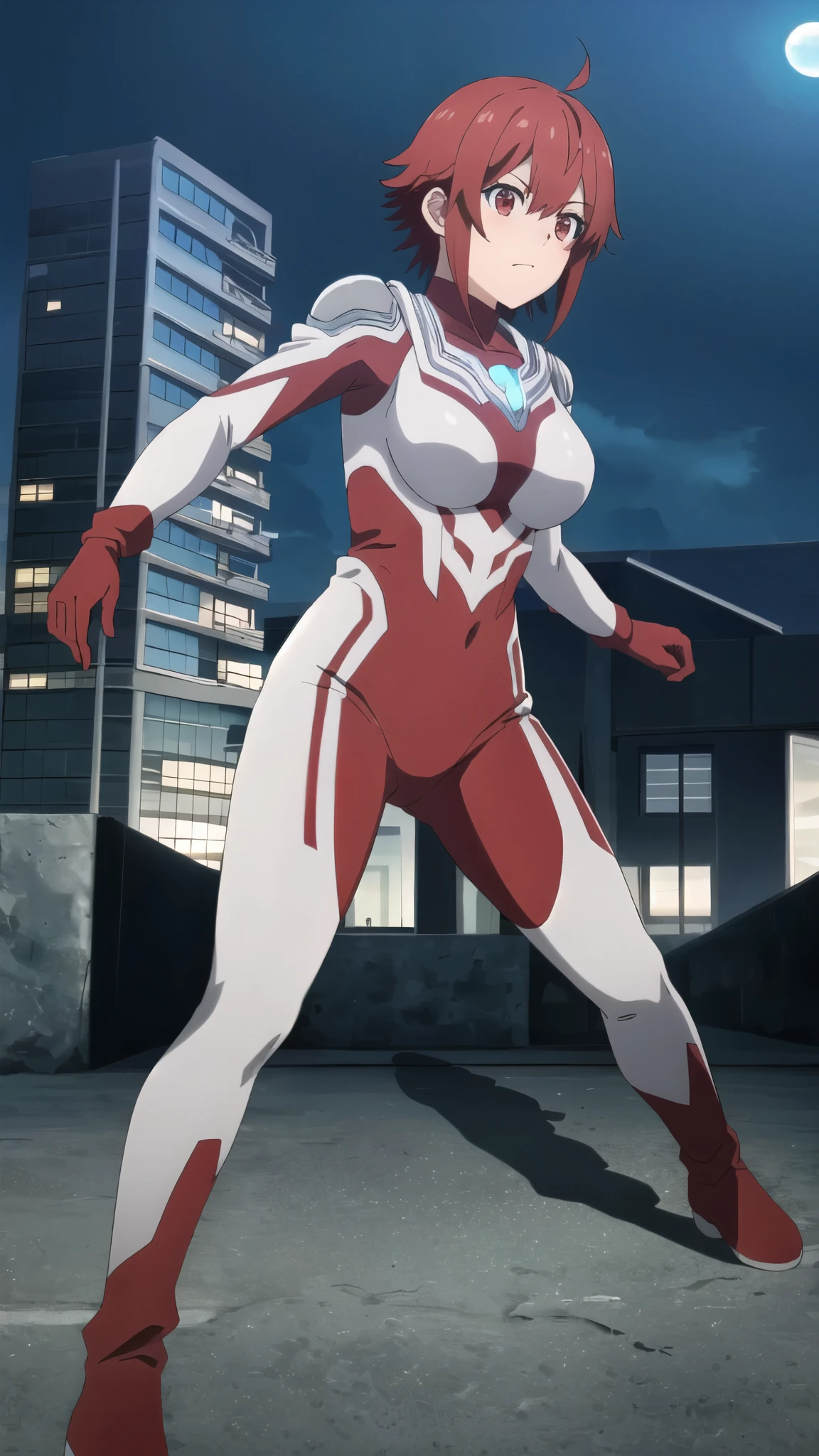 ((Highest quality)),((Very detailed)),masterpiece,Absurd,Detailed face,Beautiful Face,(fine grain, Deep Eyes),One Girl,((Combat Stance)), input, Enter, red hair, red eyes, short hair, hair between eyes, bangs, breasts, large breasts, short hair, Red eyes, Ultraman bodysuit、Hero Suit,Full body tight suit、(building:1.2)、Night view、View your audience, Are standing