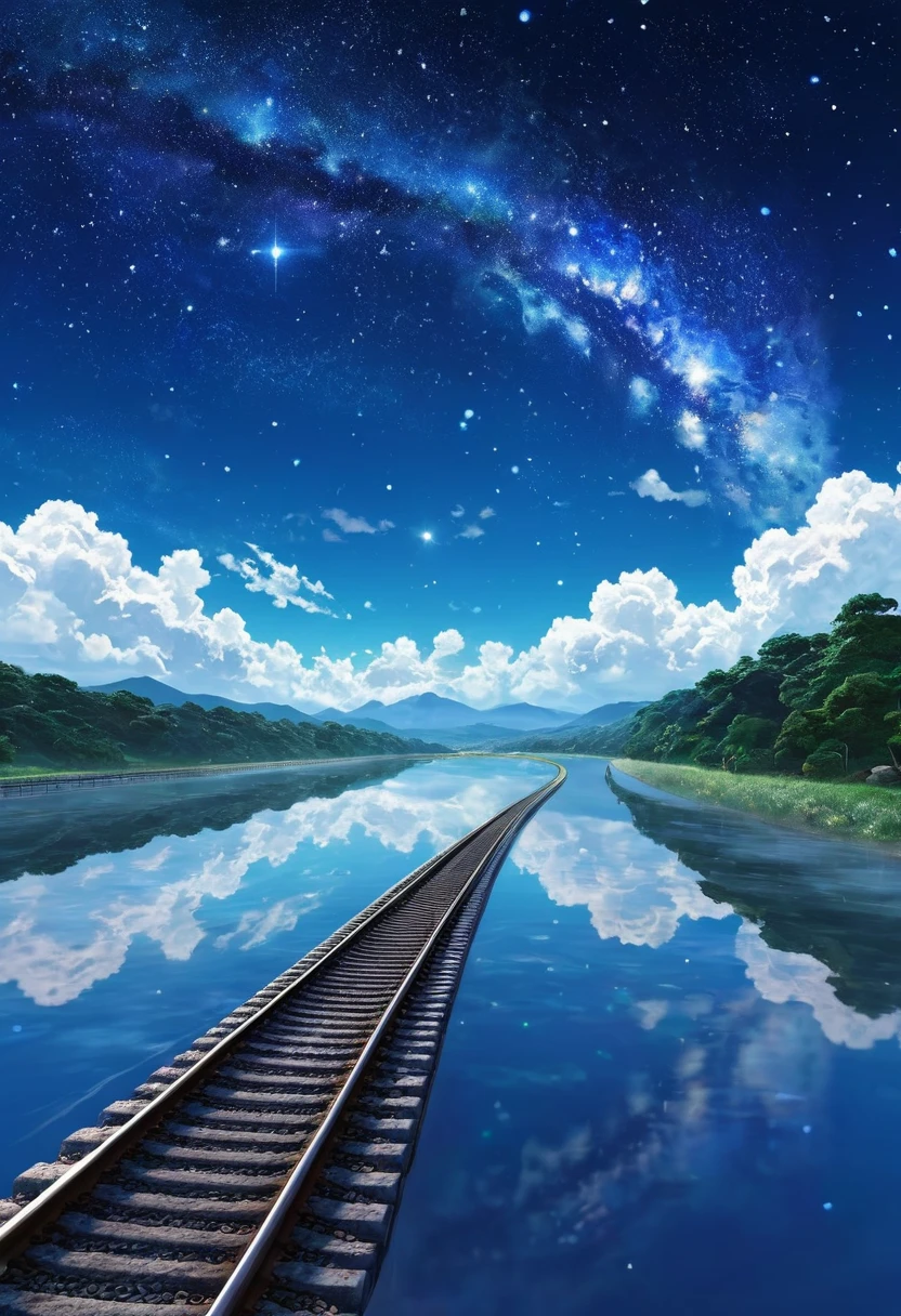 High-quality masterpiece, landscape, cloud, Cartoon train passing a body of water on the tracks in the distance, Bright starry sky. Visitors, Romantic Lighting, pixiv, Concept Art, Lofy art style, reflection. Shinkai Makoto, Trophy Art, Beautiful anime scene, Anime Landscape, Detailed Landscape — Width 672, Shinkai Makoto's style, Shinkai Makoto's style, Enhance Details.