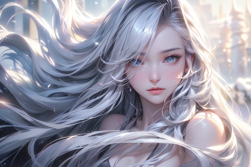 ((Picture from the waist up:1.5、Zoom out))((masterpiece:1.5、8k、Tabletop、フォトリアリスティックでVery detailedなCG、Very detailed、Particle Effects、Dynamic Effects、Shallow depth of field、Cinematic Light、Lens flare、Ray Tracing、Tabletop、Realistic:1.4、Ultra-high resolution:1.2、Realistic、Realistic))((alone、,A woman wearing a black cashmere coat over a halter neck dress:1.4、Elegant woman posing、Detailed face、bright表情、young, bright, Whiter skin、Medium chest、Beautiful cleavage、Small waist、Best Looks、Asian、Ultimate beauty、bright and shiny hair,、Super long, Silky straight hair、Hair dancing in the wind))(morning、The setting is a snow-covered temple、Crystal of snow)((shiny white hair))