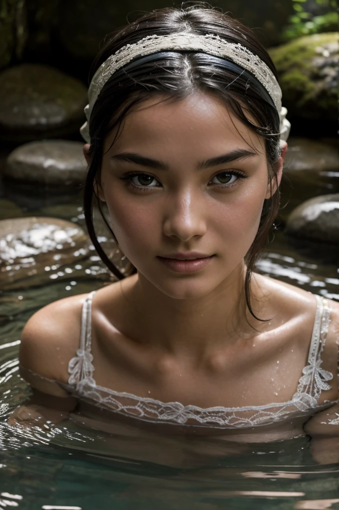 Best Quality, masterpiece, super high resolution, A super model submerged in hot springs in Japan., outdoor hot springs, stone hot springs, surrounded by moss and trees, super beautiful face, pure body, clear pores visible, (smile:0.8), using division (lace headband:1.2), (Realism:1.5), Photo original, soaked body, covered in sweat, bare shoulders, In the dark, deep shadows, low key, cold light