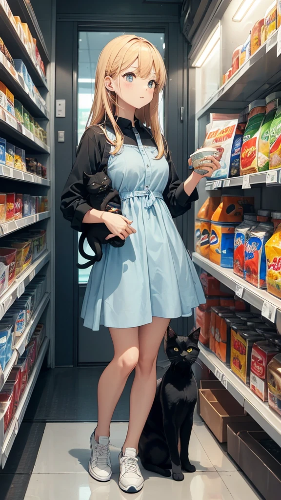 The sleek black cat, maintaining its dignified posture, selects a can of gourmet tuna from a lower shelf in the convenience store. The young lady, dressed in her light blue dress and white sneakers, watches with amusement while holding the orange tabby kitten, who is still fixated on the ice cream