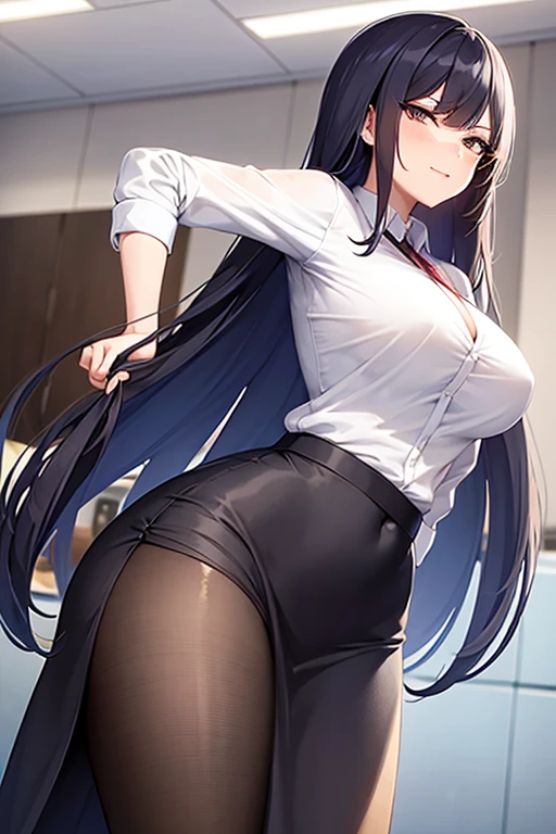 A woman in a tight office outfit and a provocative long skirt, with a mischievous and teasing expression, stands in front of a junior female colleague.