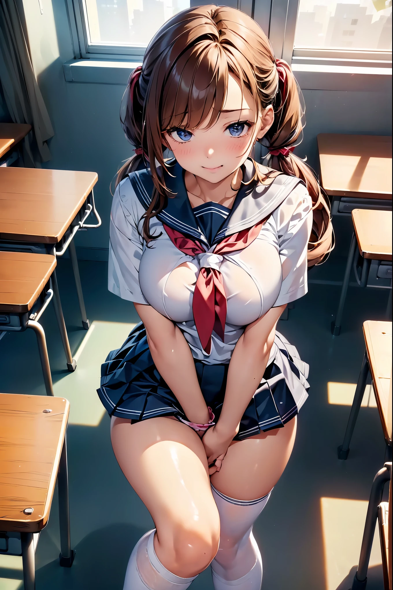 (((masterpiece, Highest quality, High resolution, 超High resolution, Perfect Pixel, Depth of written boundary, 4K, RTTX 10.0))), Beautiful Anime Woman, Beautiful art style, Anime characters, ((Smooth texture, Realistic texture, Anime CG Style)), Exact finger count、Exact number of legs、(Exact number of arms:1.0, Exact number of hands:1.0), (Perfect hands, Perfect Anatomy), Cinematic, Realistic, Extremely detailed CG, Daytime lighting, Perfect lighting, Best Shadow, The best natural light, whole body, Perfect body, バランのとれたPerfect body, Perfectly balanced style, Slender body, ((Long Hair, bangs, Reddish brown hair, Twin tail hairstyle)), ((A cute adult woman stands with her hands in her panties, fingering:1.8)), (pussy juice:1.5), ((Sailor suit tops, Sailor collar, White shirt, Navy pleated mini skirt:1.3), (Sexy and cute white panties 1.3), (Stylish shiny white satin lace panties, Side-tie lace panties, Panties with plain white center and lace decoration on the sides:1.3), (Thin panties with red ribbon:1.3), skirt lift, (Knee socks:1.3):1.3), (Beautiful big boobs:1.1), (Embarrassed expression:1.4), blush, (sexual pleasure expression:1.3), (Facial expressions holding back pee:1.4), (Look up:1.5), (Half-close your eyes:1.2), (School classroom, Desk and chair in the background:1.3), Angle from the front