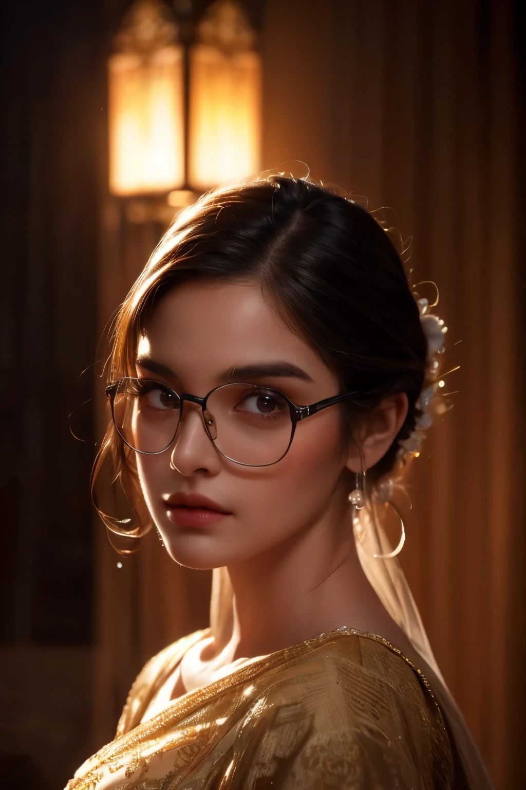 Score9_up, score8_up, (masterpiece:1.5), intricately detailed, uhd, absurd resolution, 16k, perfect lighting, RAW photo, sharp focus, photorealistic Realism 8K, 16K, Quality, professional-grade photograph, best, high quality real texture skin, best, high quality real texture hair, beautiful girl wearing glasses, detailed facial features, long eyelashes, porcelain skin, delicate facial expression, elegant hairstyle, intricate jewelry, detailed clothing, atmospheric lighting, dramatic lighting, cinematic composition, warm color palette, focus, digital painting, highly detailed,masterpiece,4k,photorealistic

