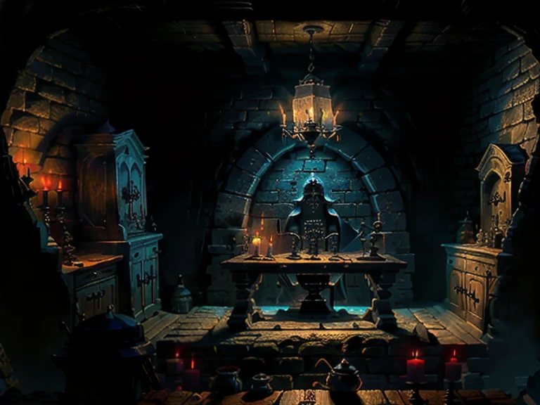 Dungeon, small dark underground room, stone walls, monsters lair, old small table with a candle, wooden chest, skull, Wooden door, broken stools, swords, Shields, helmets