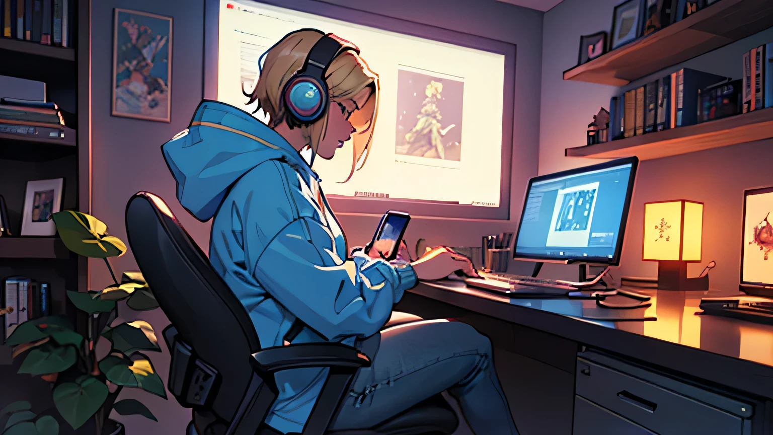 A girl studying hard at her desk, Sitting, profile, Wearing hooded clothing, high waisted blue jeans, Very big ass, Narrow waist, Hourglass Shape, Blonde brown short hair, Put on your headphones, Night Light, Neon scenery on a rainy day seen from the window, Lo-fi hip hop , flat, Gouache color, , Great colorful, Synthwave, amplitude,90s vibe, Tabletop, Great skills、Warm lighting、Foliage plant、Types of RPG games, Manga style, figure,, design, Contoured, Manga style, figure , Contoured, delicate、Mesa, computer, monitor、anime、Bookshelf、Illustrated style、