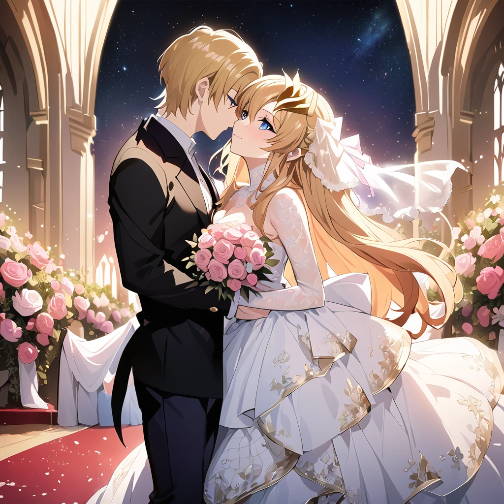 ((Highest quality)), ((masterpiece)), (detailed), (Perfect Face)、The woman is the Queen of Accord, wife of Orpheus, King of Accord, and loves her husband Orpheus dearly. She is wearing a vintage wedding dress and wedding veil with gorgeous gold embroidery and trim, beautifully decorated accessories, and a gorgeous hair ornament. She is Lacus Clyne, with semi-long pink hair.、The male Orpheus is the King of Accord with long blonde hair and blue eyes.、She embraces the blond, blue-eyed Orpheus, the King of Accord, and kisses him passionately to confirm their love. They are deeply in love and stand together as husband and wife.、Orpheus also loves Lacus with all his heart, and they are a deeply in love, happy couple.、Red carpet aisle at a gorgeous church