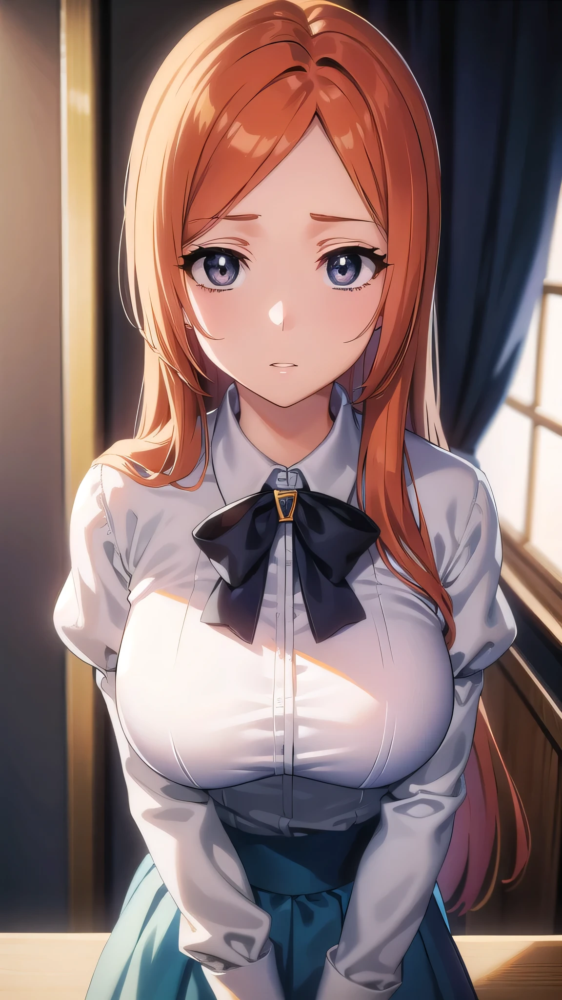 BREAK looking at viewer, BREAK (masterpiece:1.2), best quality, high resolution, unity 8k wallpaper, (illustration:0.8), (beautiful detailed eyes:1.6), extremely detailed face, perfect lighting, extremely detailed CG, (perfect hands, perfect anatomy),school,desk,windows,tables,inoue orihime, long hair, orange hair, (grey eyes:1.5),skirt, bow,white blouse,unbuttoned blouse,open blouse,black bra,lace bra,cleavege,neckline, long sleeves, puffy sleeves, skirt, blue skirt, long skirt,showing breasts,nipples,nipples see through,,upskirt,camel toe,no panties,asshole,anus,naked.