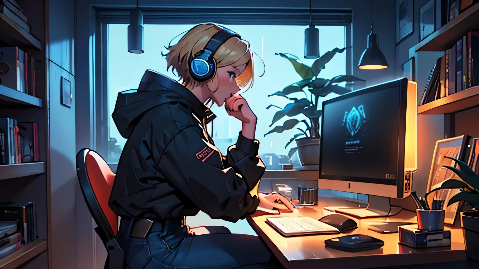 A girl studying hard at her desk, Sitting, profile, Wearing hooded clothing, high waisted blue jeans, Very big ass, Narrow waist, Hourglass Shape, Blonde brown short hair, Put on your headphones, Night Light, Neon scenery on a rainy day seen from the window, Lo-fi hip hop , flat, Gouache color, , Great colorful, Synthwave, amplitude,90s vibe, Tabletop, Great skills、Warm lighting、Foliage plant、Types of RPG games, Manga style, figure,, design, Contoured, Manga style, figure , Contoured, delicate、Mesa, computer, monitor、anime、Bookshelf、Illustrated style、