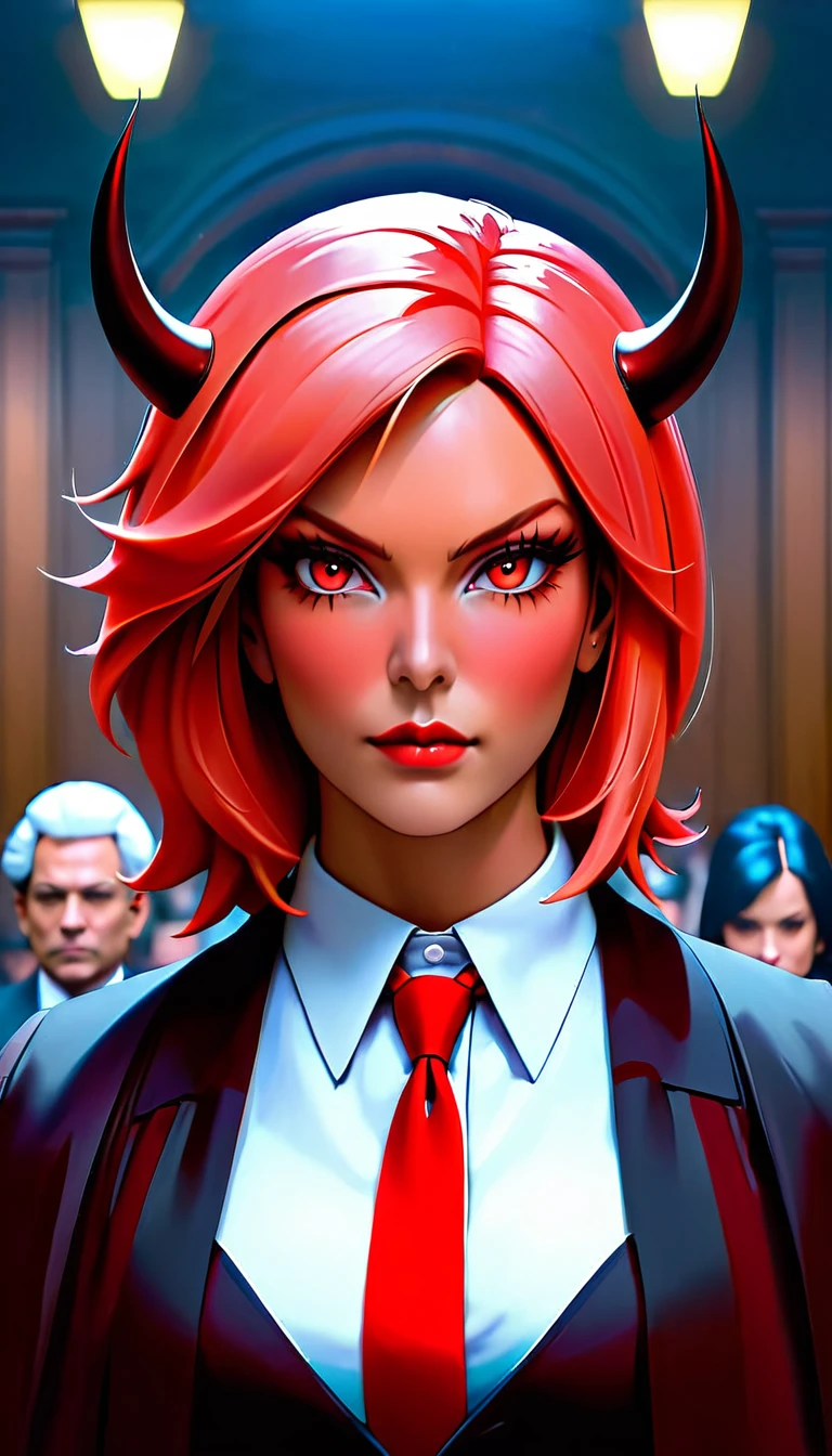a picture of a female devil wearing barrister's wig and cloak in courtroom, a devilishly beautiful devil, ((full body shot: 1.5)), ((anatomically correct: 1.5), (ultra detailed face: 1.2), best detailed face, (red skin: 1.3), two black horns, wearing white button shirt, red tie, English barrister's wig, courtroom background, vibrant, Hyperrealism style, vibrant, Ultra-high resolution, High Contrast, (masterpiece:1.5), highest quality, Best aesthetics), best details, best quality, highres, ultra wide angle, 16k, [ultra detailed], masterpiece, best quality, (extremely detailed) RAW, photograph, Hyperrealism style, demonmawAI