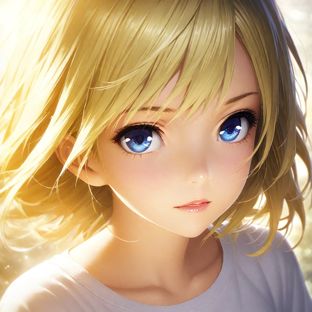 portrait, Practical, blue eyes, Blonde hair, Mid-chest, 4K resolution, High quality CG, Beautiful CG, Soft Light, Octane Rendering, white t-shirt