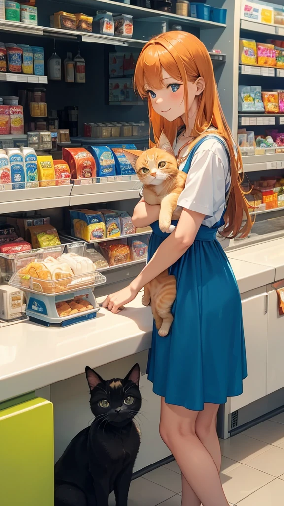At the convenience store checkout, the young lady in her blue dress places a tub of vanilla ice cream and a can of gourmet tuna on the counter. The orange tabby kitten in her arms eagerly licks the ice cream, while the black cat sits calmly by her feet. The cashier smiles at the adorable scene.