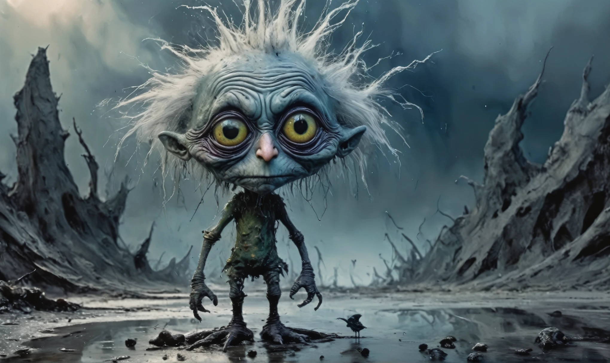 pretty face,eyebrow up,full body length shot,obsidian elf,full body length shot,very beggar niobium Manganite The Alien Entity, babychild, wants eat,full body shot of full body shot of psychedelic style ,The iris looks weird, attractive, The stars in space is reflected in the pupil, goose down eyelashes, long wavy luminescent hair, baggy clothes,  the Lord of the Rings, ,Extremely detailed,High contrast,Masterpiece,Realism,Ultra Detailed, intricate details,realistic humid leather, cinematic style,irina yermolova,high contrast,hdr,extremely detailed, [deep night landscape],masterpiece,intricate details,faded,eyes extremely detailed,Silverclaw,view from height,full-body-shot,High contrast,Masterpiece,Realistic,Ultra Detailed,intricate details,realistic humid skin,extremly intricate,realism,photorealism, cinematic style,irina yermolova,HDR,((Wangechi Quality)),extremely detailed,masterpiece,intricate details,faded,eyes extremely detailed, high detailed eyes,16k resolution,RAW, Nikon Z9,authentic,full body length,Labradorite babygirl,native italian troll ,pretty face,eyebrow up,full body shot,ominous landscape,glate gray atmosphere,by art Simon Stalenhag,Nicola Samori,(((Wangechi Mutu))),prime colors,urban,extremely detailed,masterpiece,intricate details,faded,eyes extremely detailed, high detailed eyes,4k resolution,RAW, Nikon Z9,scary town,stalker,goblin,Dubai of United Arab Emirates,Mestichino,Light particles,marble leather ,ink photography ,Mestichino,Light particles,chaos