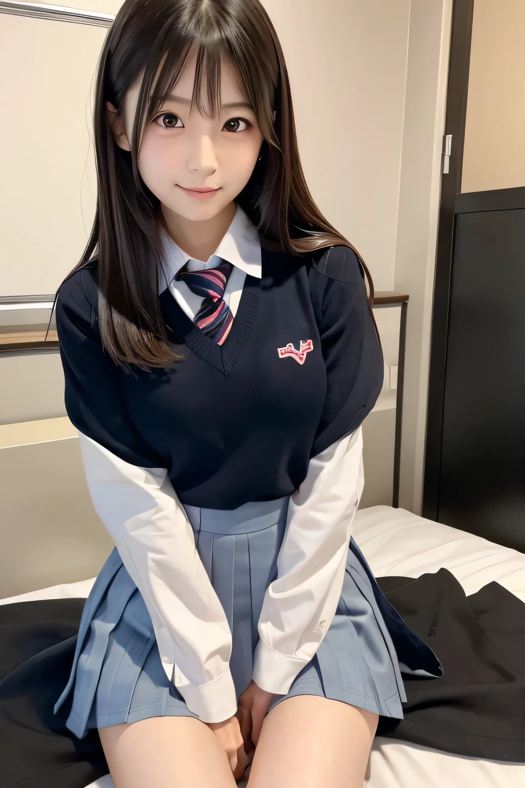 (Japanese cute girl), sexy 18 yo girl, (cutest face), thin breasts, slender thighs, straight hair, on a bed, (((school uniform))),