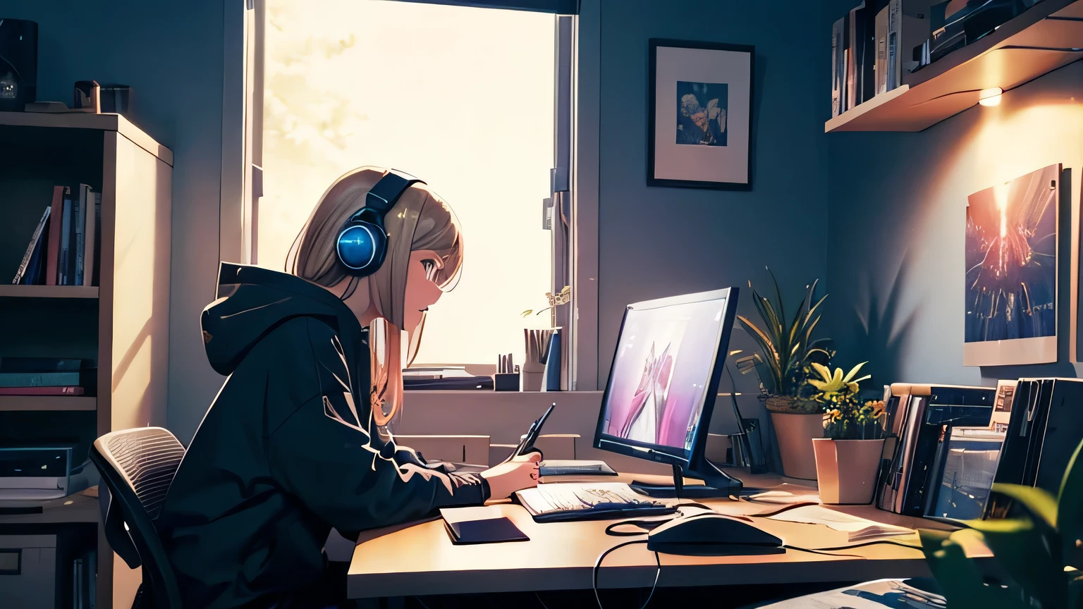 A girl studying hard at her desk, Sitting, profile, Wearing hooded clothing, high waisted blue jeans, Very big ass, Narrow waist, Hourglass Shape, Blonde brown short hair, Put on your headphones, Night Light, Neon scenery on a rainy day seen from the window, Lo-fi hip hop , flat, Gouache color, , Great colorful, Synthwave, amplitude,90s vibe, Tabletop, Great skills、Warm lighting、Foliage plant、Types of RPG games, Manga style, figure,, design, Contoured, Manga style, figure , Contoured, delicate、Mesa, computer, monitor、anime、Bookshelf、Illustrated style、