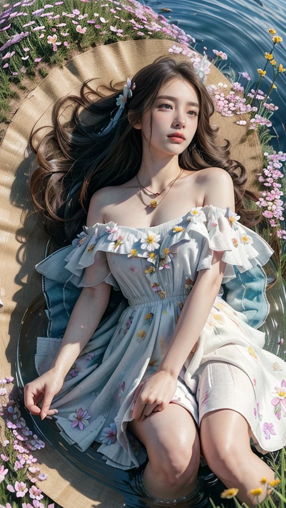 masterpiece, best quality, official art, extremely detailed CG unity 8k wallpaper, highly detailed, absurdres, Panorama, Depth of field, telephoto lens, angel, looking afar, looking away, skirt lift, in spring, sunset, rainbow, (((flower field))), (((flower sea))), Tyndall effect, (illustration),(paper figure),(lococo),((impasto)),(shiny skin), Magic Vortex, ((ink)),(water color),bloom effect,detailed beautiful grassland with petal,flower,butterfly,necklace,smile,petal,(((surrounded by heavy floating petal flow)))
