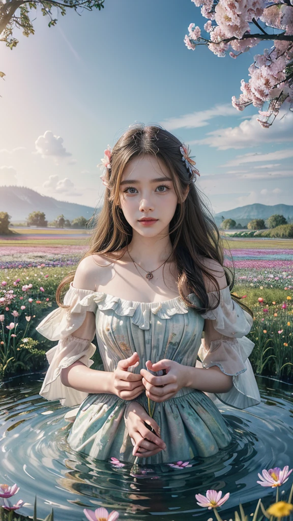 masterpiece, best quality, official art, extremely detailed CG unity 8k wallpaper, highly detailed, absurdres, Panorama, Depth of field, telephoto lens, angel, looking afar, looking away, skirt lift, in spring, sunset, rainbow, (((flower field))), (((flower sea))), Tyndall effect, (illustration),(paper figure),(lococo),((impasto)),(shiny skin), Magic Vortex, ((ink)),(water color),bloom effect,detailed beautiful grassland with petal,flower,butterfly,necklace,smile,petal,(((surrounded by heavy floating petal flow)))