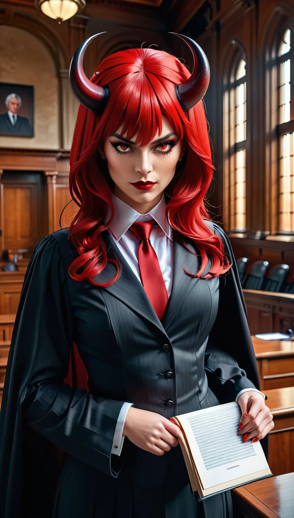 a picture of a female devil wearing barrister's wig and cloak in courtroom, a devilishly beautiful devil, ((full body shot: 1.5)), ((anatomically correct: 1.5), (ultra detailed face: 1.2), best detailed face, (red skin: 1.3), two black horns, wearing white button shirt, red tie, English barrister's wig, courtroom background, vibrant, Hyperrealism style, vibrant, Ultra-high resolution, High Contrast, (masterpiece:1.5), highest quality, Best aesthetics), best details, best quality, highres, ultra wide angle, 16k, [ultra detailed], masterpiece, best quality, (extremely detailed) RAW, photograph, Hyperrealism style, demonmawAI