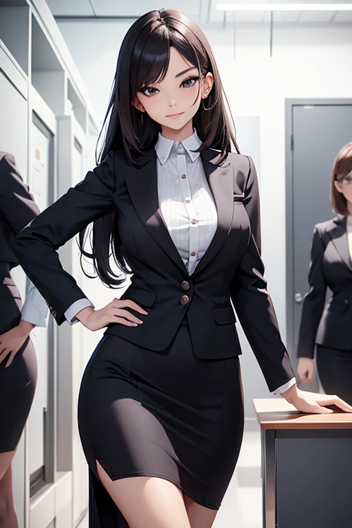A woman in a tight office outfit and a provocative long skirt, with a mischievous and teasing expression, stands in front of a junior female colleague.