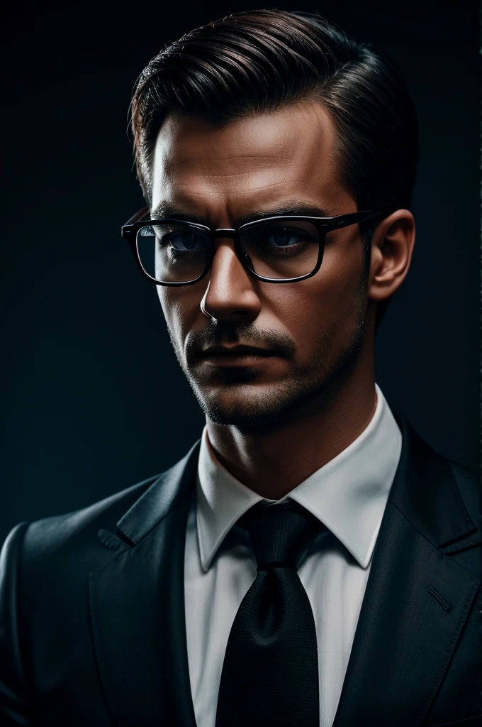 **"A refined man with glasses against a dramatic black and dark blue backdrop, illuminated by a sharp red. This image captures a blend of sophistication and intensity, perfect for conveying a powerful and professional image."**