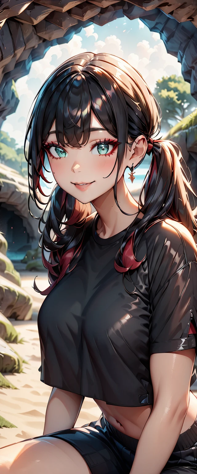 Photo of a girl with natural skin, , ((Baby Face)), Smiling, ((Sitting, Leaning forward)), From the side, Round face, Red mesh hair, ((Upper Body)), Beach cave, The light is shining in, High Twintails, Black hair with red mesh, Sharp eyes with red eyeshadow, Blue-green eyes, Shining eyes, A thin, upturned nose, Well-shaped lips, ((crop top overhang, Short sleeve, Black clothes, Glamour body)), Makeup, Exquisitely crafted with the utmost attention to detail, Vibrant, amazing, Smooth, Cinematic, 4K, Backlight, (()), Shallow depth of field, ((Detailed eyes:1.3, Detailed lips:1.3, high quality, )), masterpiece, Super detailed images, High quality