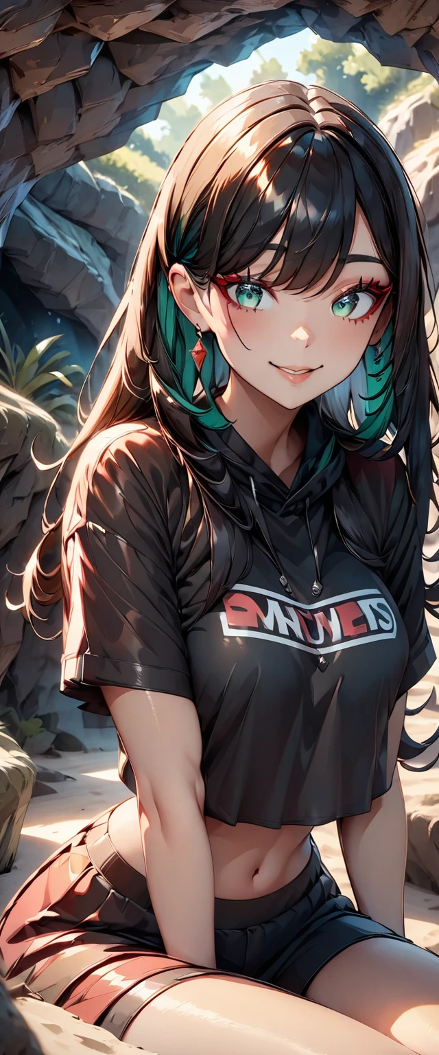 Photo of a girl with natural skin, , ((Baby Face)), Smiling, ((Sitting, Leaning forward)), From the side, Round face, Red mesh hair, ((Upper Body)), Beach cave, The light is shining in, High Twintails, Black hair with red mesh, Sharp eyes with red eyeshadow, Blue-green eyes, Shining eyes, A thin, upturned nose, Well-shaped lips, ((crop top overhang, Short sleeve, Black clothes, Glamour body)), Makeup, Exquisitely crafted with the utmost attention to detail, Vibrant, amazing, Smooth, Cinematic, 4K, Backlight, (()), Shallow depth of field, ((Detailed eyes:1.3, Detailed lips:1.3, high quality, )), masterpiece, Super detailed images, High quality