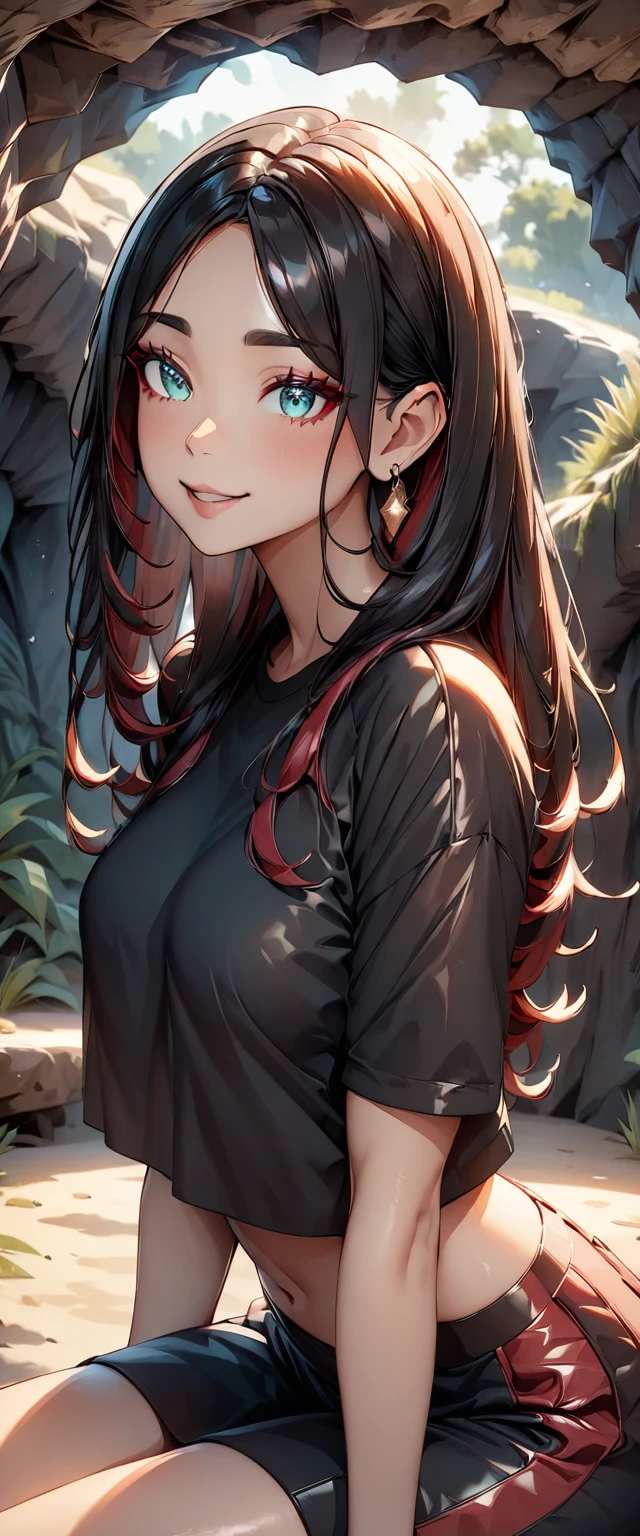 Photo of a girl with natural skin, , ((Baby Face)), Smiling, ((Sitting, Leaning forward)), From the side, Round face, Red mesh hair, ((Upper Body)), Beach cave, The light is shining in, High Twintails, Black hair with red mesh, Sharp eyes with red eyeshadow, Blue-green eyes, Shining eyes, A thin, upturned nose, Well-shaped lips, ((crop top overhang, Short sleeve, Black clothes, Glamour body)), Makeup, Exquisitely crafted with the utmost attention to detail, Vibrant, amazing, Smooth, Cinematic, 4K, Backlight, (()), Shallow depth of field, ((Detailed eyes:1.3, Detailed lips:1.3, high quality, )), masterpiece, Super detailed images, High quality