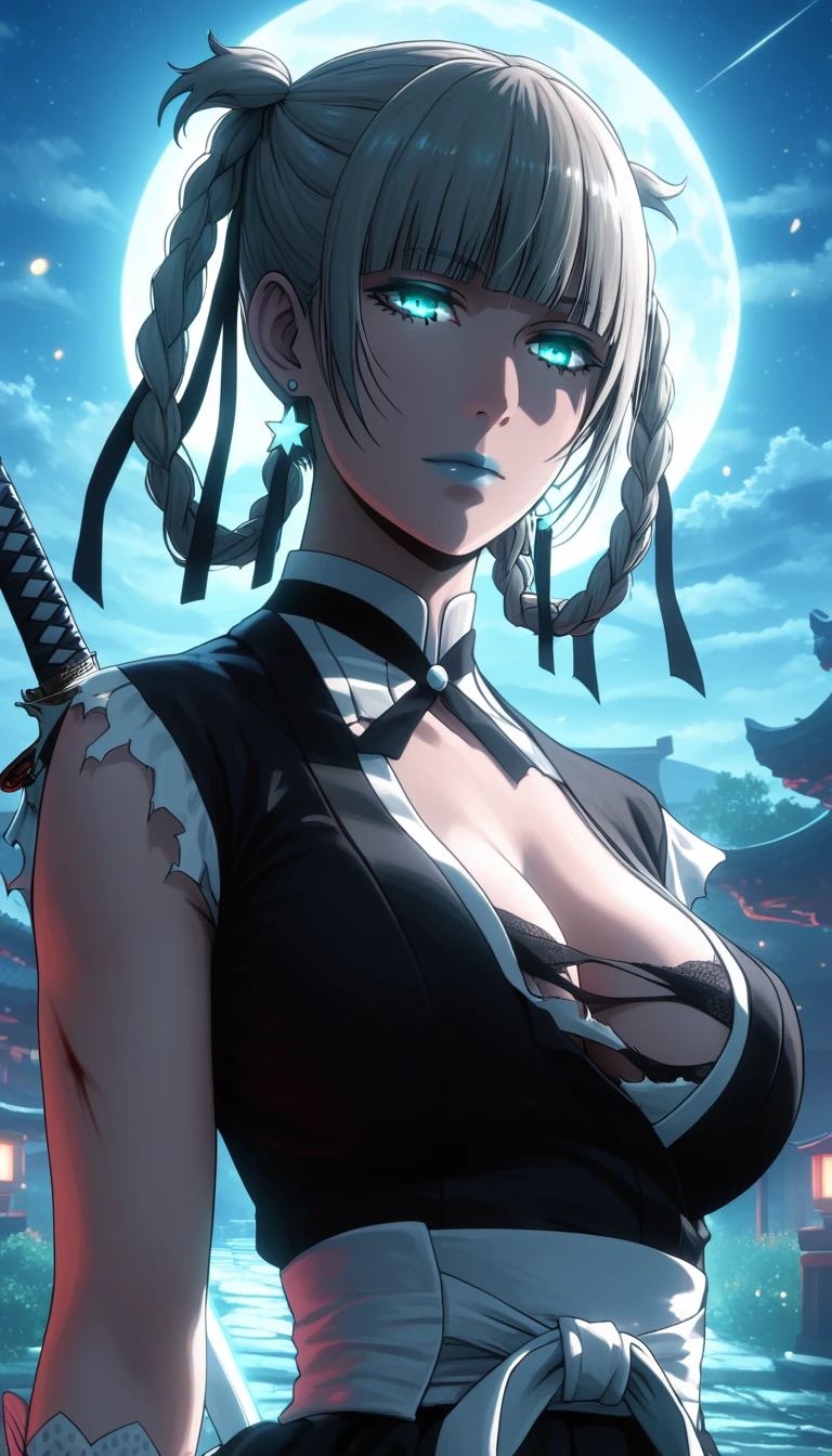 (asura art style:0.7), (hero neisan art style:0.7), score_9, score_8_up, score_7_up, score_6_up, uncensored, kirari, braid, makeup, twin braids, blunt bangs, aqua nails, aqua eyes, blue lips, hair ribbon, grey hair, nail polish, BREAK (masterpiece:1.2), best quality, high resolution, (detailed eyes:1.3), perfect lighting, (perfect hands, perfect anatomy), large breasts, night, sword, 1girl, katana, night_sky, solo, japanese_clothes, sky, cleavage, wide_sleeves, sheath, earrings, star_(sky), over_shoulder, looking_at_viewer, detached_sleeves, moonlight, outdoors, shaded face, looking down, expressionless, lips, torn clothes, burn scar, glowing sword, bokeh, shimmering light, sparkle,