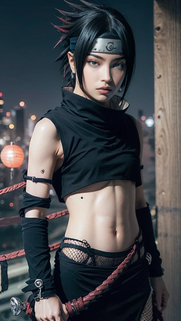 Moisturized skin, (red eyes), perfect body, adult female body, mature, cold expression,
BREAK,
(beautiful navel), (kunoichi), (ninja), sexy, (kunai), (leather), fishnet, (fishnet stockings: 1.2), (black clothes), bright red lipstick, (ninja clothes: 1.4),
BREAK,
(highly detailed hair: 1.2), spiky black hair, spiky hairstyle, ((wearing a bowl-shaped ornament on the forehead)),
BREAK,
((masterpiece + highest quality + high resolution + highly detailed)), (full body: 1.2), symmetrical, one shot,
BREAK,
(electricity flows), (wind blows), (battle stance: 1.4), ((big full moon in the sky)),
BREAK,
(Uchiha Sasuke: 1.3), elegant, ((holding a Japanese sword)), black sword, holding the handle of the sword, long blade, neon city, night, big white rope tied around waist,