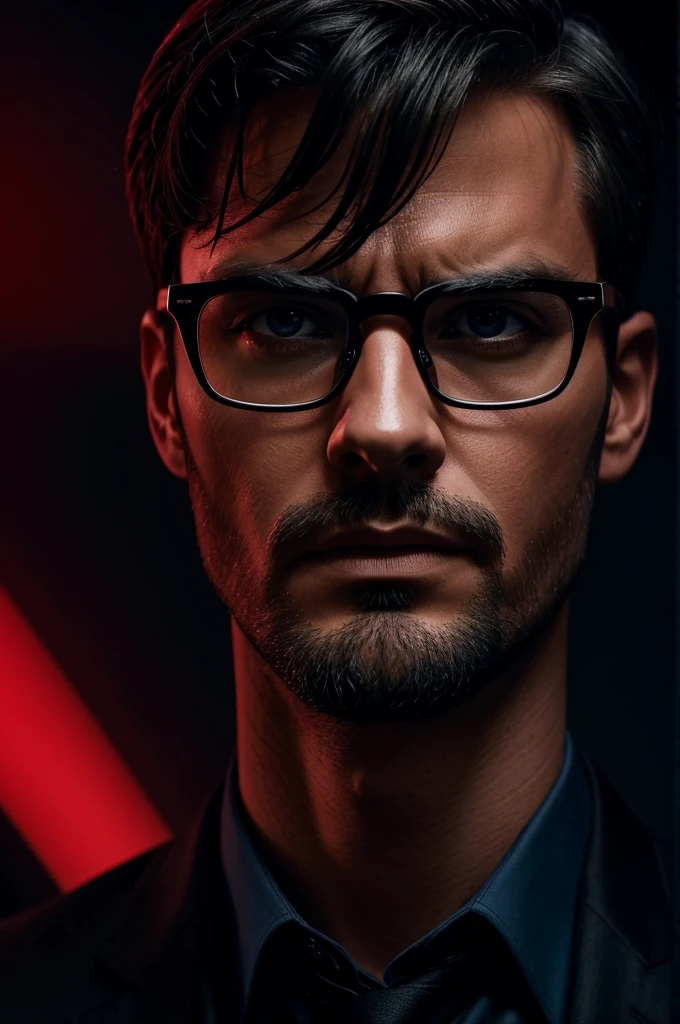 **"A man with glasses against a dramatic black and dark blue backdrop, illuminated by a sharp red. This image captures a blend of sophistication and intensity, perfect for conveying a powerful and professional image."**