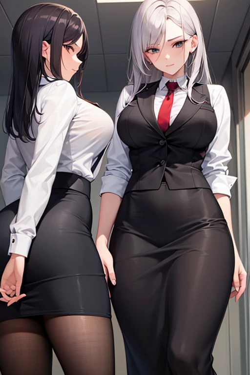 A woman in a tight office outfit and a provocative long skirt, with a mischievous and teasing expression, stands in front of a junior female colleague.