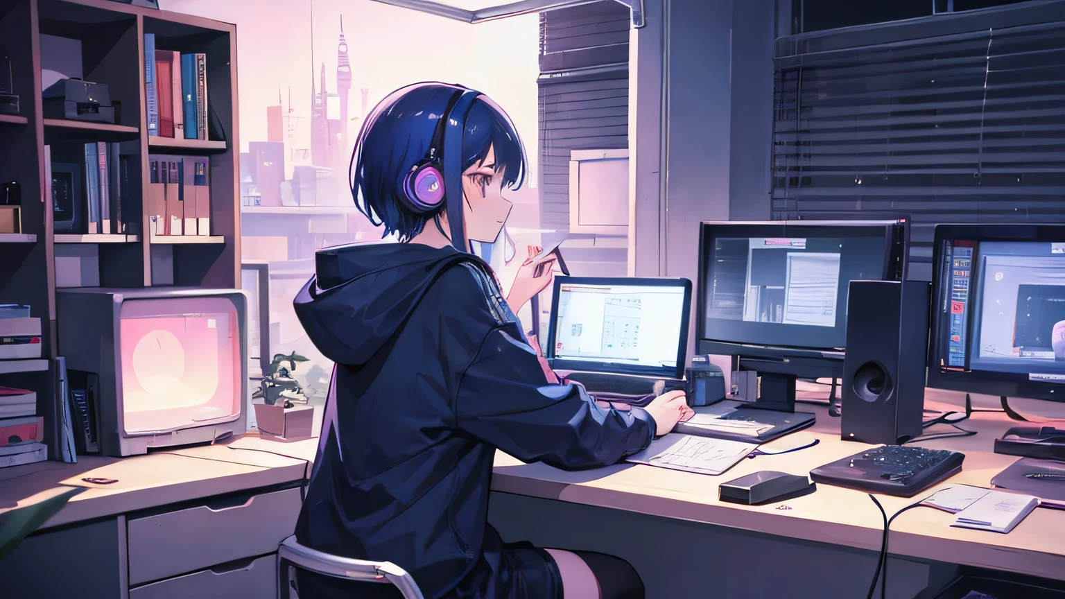 A girl studying hard at her desk, Sitting, profile, Wearing hooded clothing, high waisted blue jeans, Very big ass, Narrow waist, Hourglass Shape, Blonde brown short hair, Put on your headphones, Night Light, Neon scenery on a rainy day seen from the window, Lo-fi hip hop , flat, Gouache color, , Great colorful, Synthwave, amplitude,90s vibe, Tabletop, Great skills、Warm lighting、Foliage plant、Types of RPG games, Manga style, figure,, design, Contoured, Manga style, figure , Contoured, delicate、Mesa, computer, monitor、anime、Bookshelf、Illustrated style、Warm lighting、